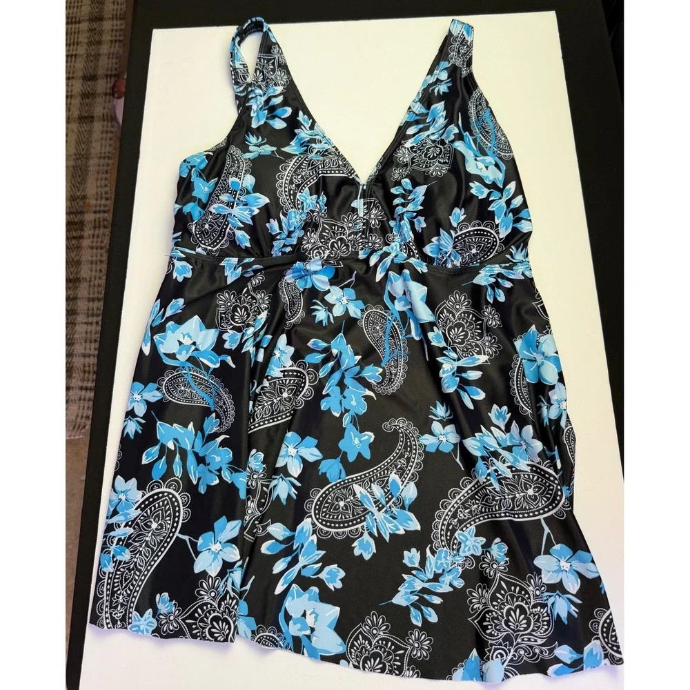 Floral Paisley Tankini Swimsuit Set 18W Black Blue Modest Swim Dress Bike Shorts - Picture 3 of 13